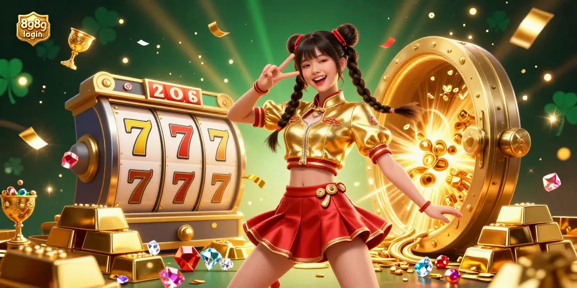 Play games and claim bonuses with 8g8g login in vibrant casino-themed 3D illustration.