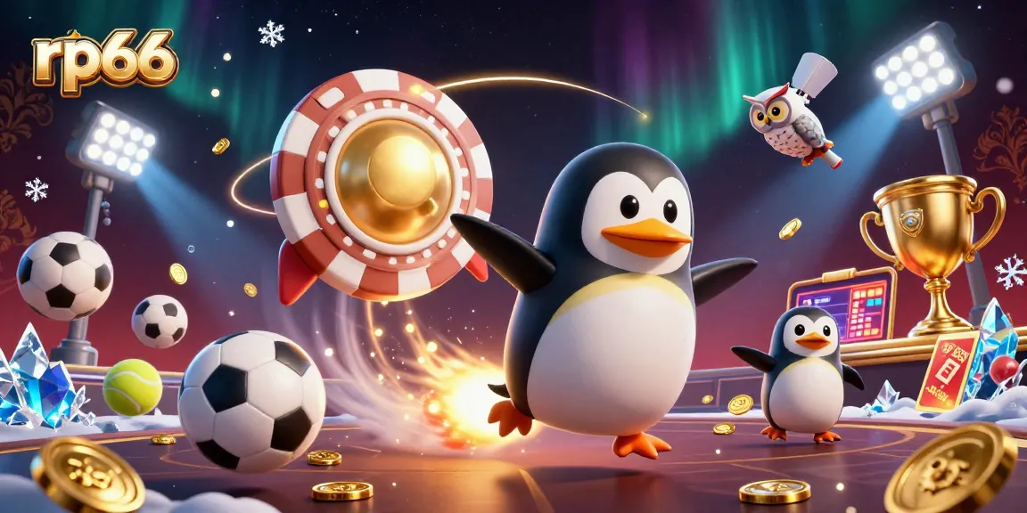 Experience winning thrills at rp66 with a golden penguin navigating a vibrant casino space.