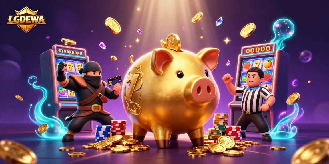 Experience thrilling wins at LGODEWA as a golden piggy bank sumo wrestler shakes loose coins in a vibrant casino scene.