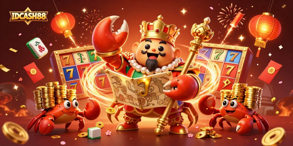 Spin lucky reels in the vibrant world of IDCASH88 with the golden crab emperor and treasures.