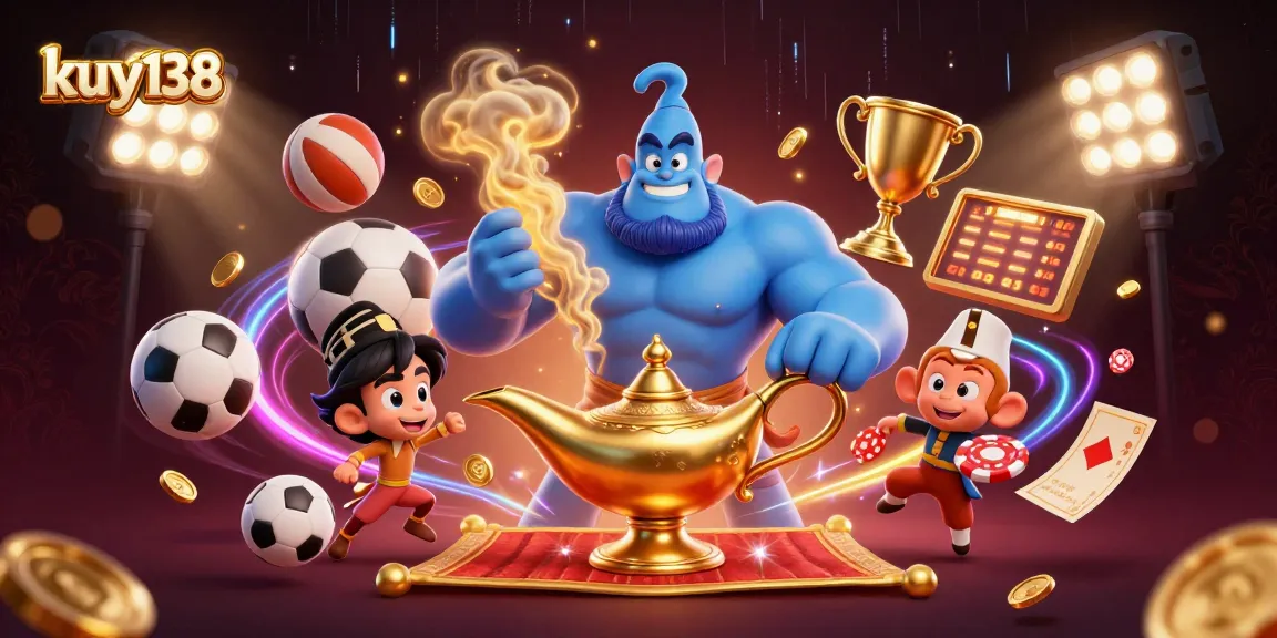 Mengantarkan peluang menang di kuy138 dengan kartun Genie dan permainan kartu yang penuh aksi.