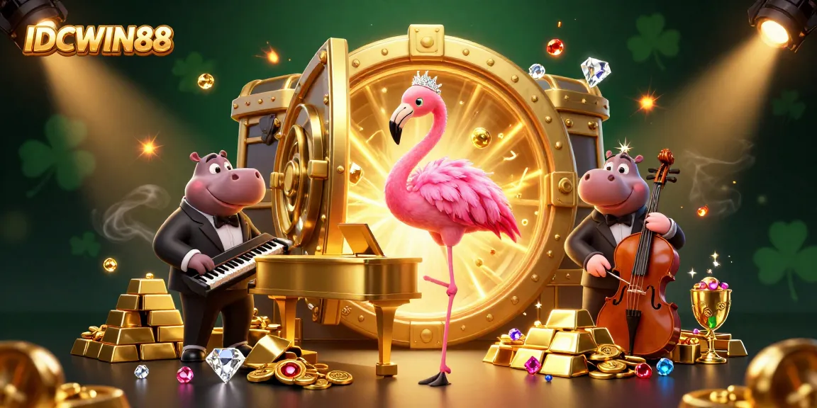 Experience the lively ambiance of IDCWIN88 with a flamingo singer and hippo bassist in a vibrant casino scene.