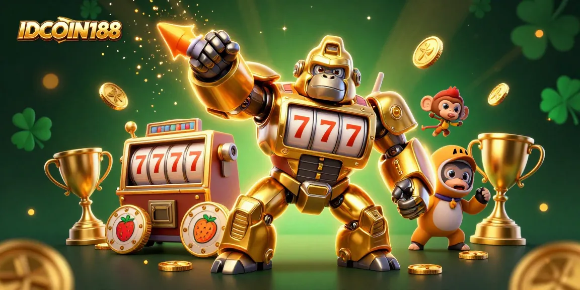 Join the excitement with IDCOIN188's golden gorilla mech and slot elements battling through a vibrant casino scene.