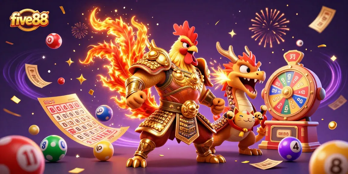 Engage with the five88's thrilling gaming atmosphere featuring unique characters and vibrant casino elements.