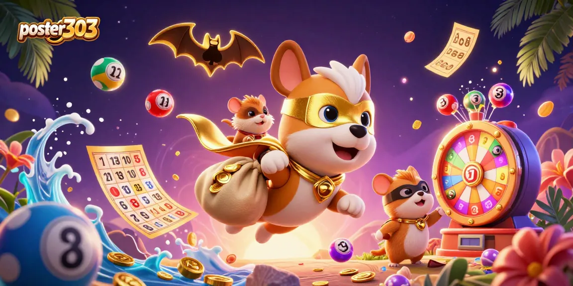 poster303 menghadirkan aksi seru dengan karakter anjing super dan hamster dalam permainan lotere yang ceria.