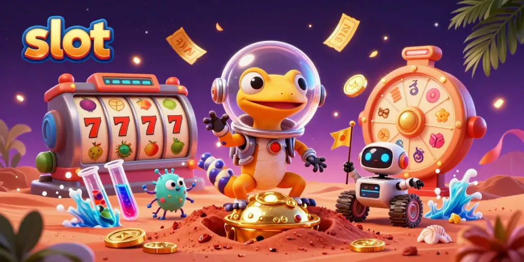Slot gacor yang menampilkan gecko Mars dan robot rover di kasino emas dengan latar belakang yang penuh warna.