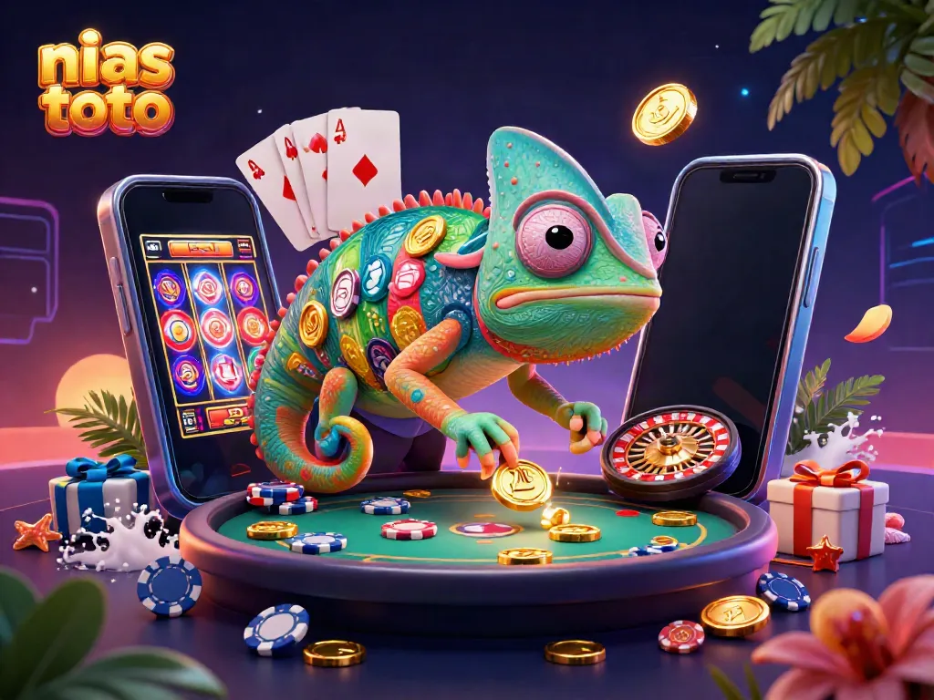 Permainan slot online di nias toto dengan chameleon kasir yang ceria dan koin emas berhamburan.