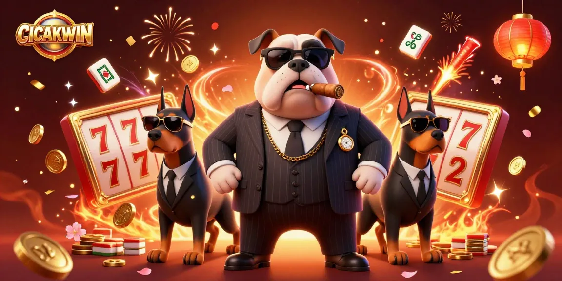 CICAKWIN casino scene with a mafia bulldog and bodyguard Dobermans, surrounded by vibrant slot game elements.
