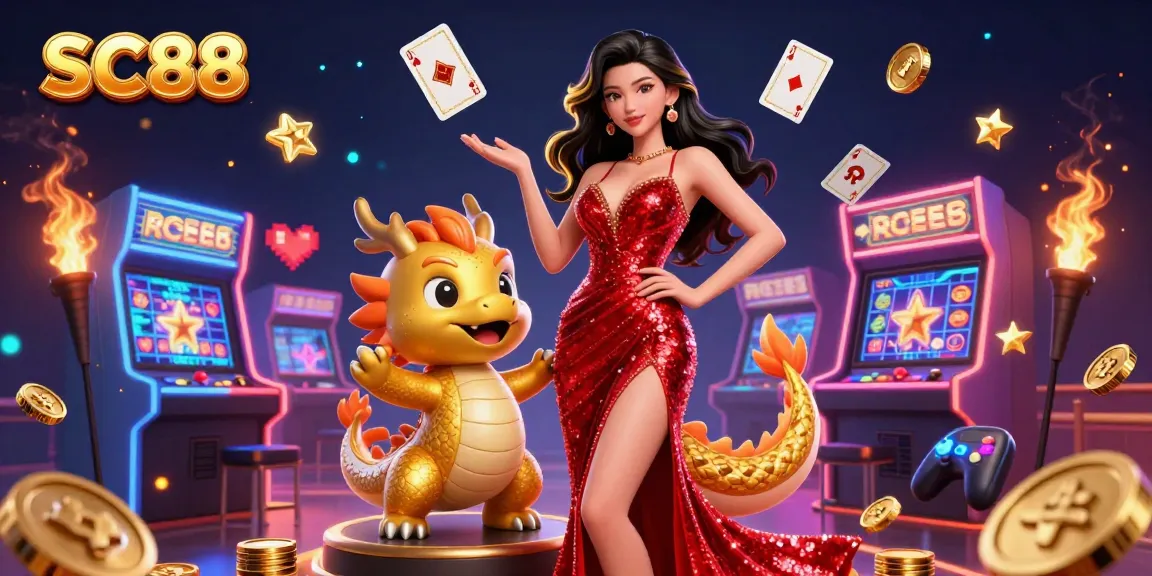 Engage in thrilling gaming at SC88, featuring a glamorous Asian woman and a golden dragon amidst vibrant casino elements.