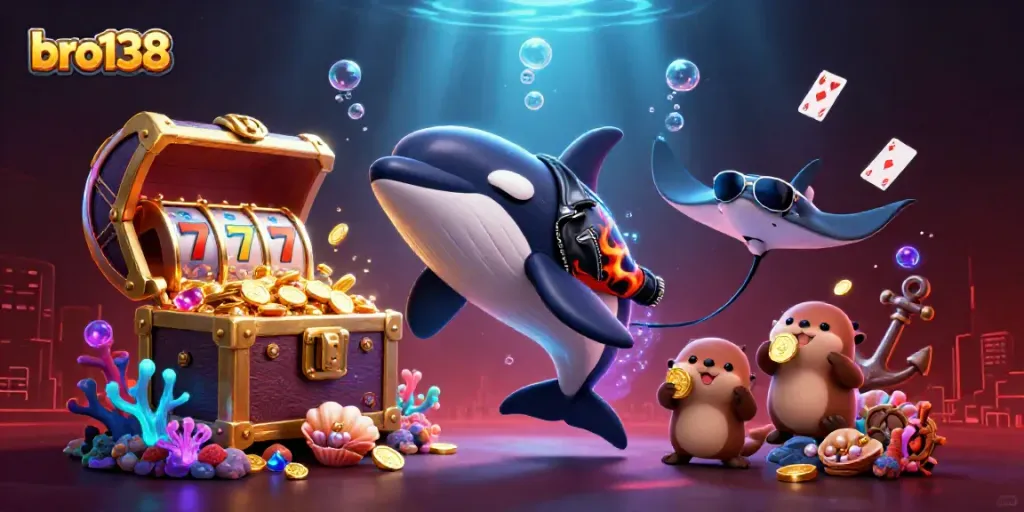 Engaging casino scene showcasing bro138 with vibrant sea creatures and gold coins amidst a dynamic underwater theme.