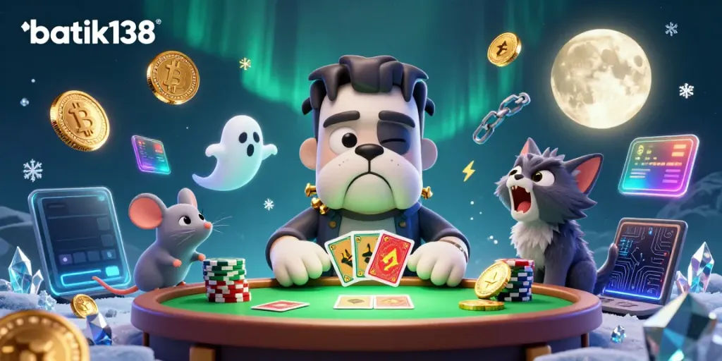 Melihat aksi batik138 saat bermain kartu di meja bertema menyeramkan dengan monster bulldog dan kucing werewolf.