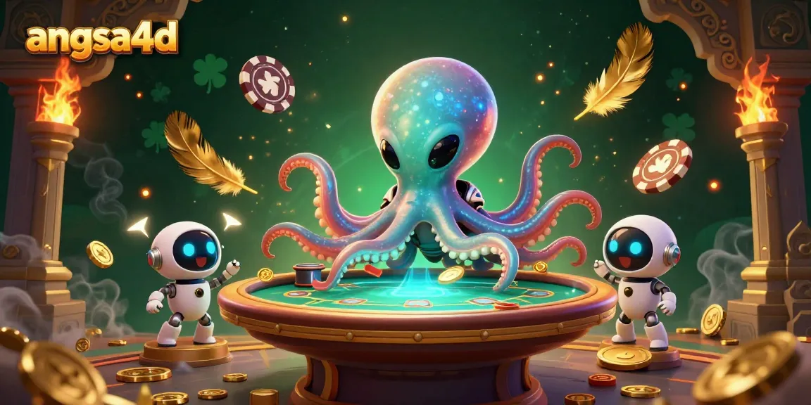 Play poker with angsa4d's alien octopus at a holographic table among glowing gold particles.