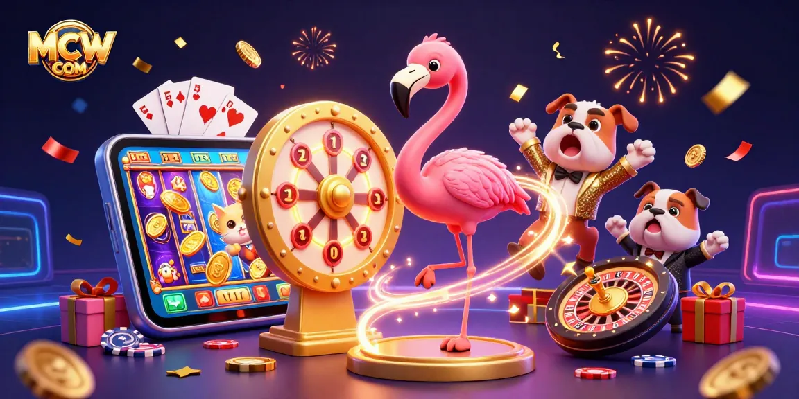 Spin the prize wheel at MCW COM with a colorful slot game and festive characters.