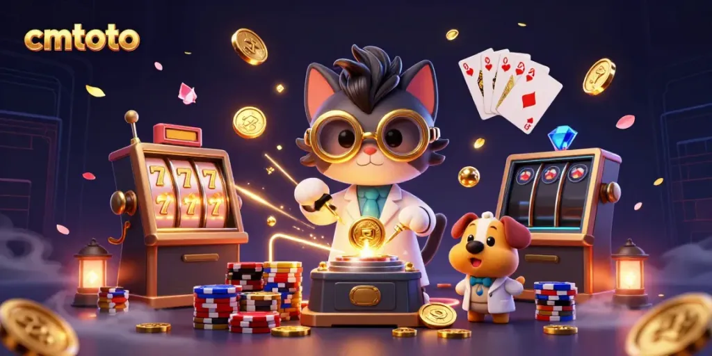 Permainan slot cmtoto menunjukkan mesin slot dengan simbol lucky sevens dan koin emas berjatuhan.