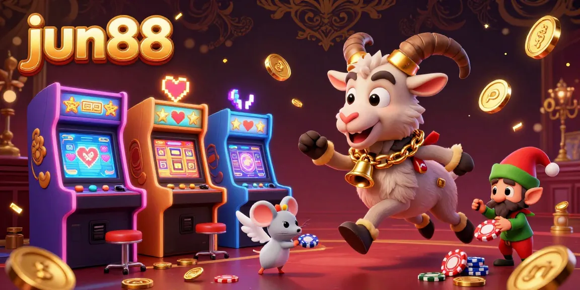Engage with jun88 as festive 3D characters animate a vibrant casino filled with dynamic games and gold coins.