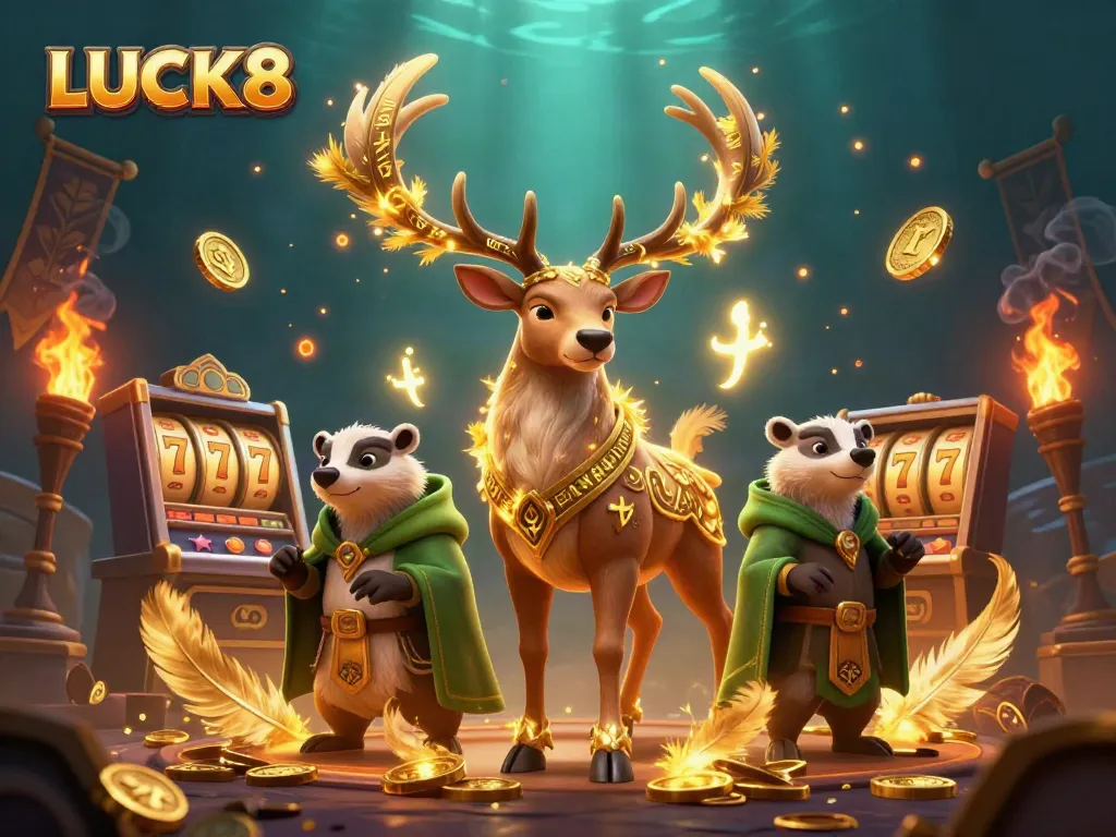Engage with LUCK8 in a vibrant casino festival featuring a druid stag and a wise badger.