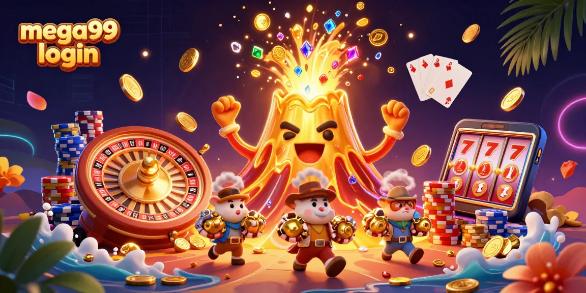 Spin and win big with mega99 login, featuring a rich illustration of a treasure-filled action-packed casino scene.
