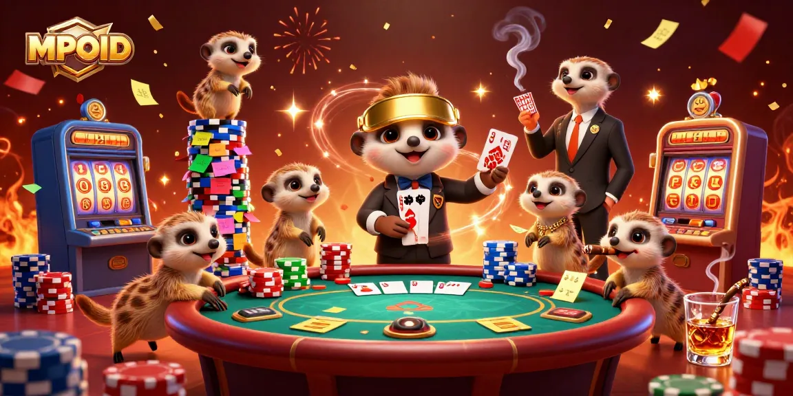 MPOID meerkats managing a lively casino, showcasing colorful slots and winning strategies.