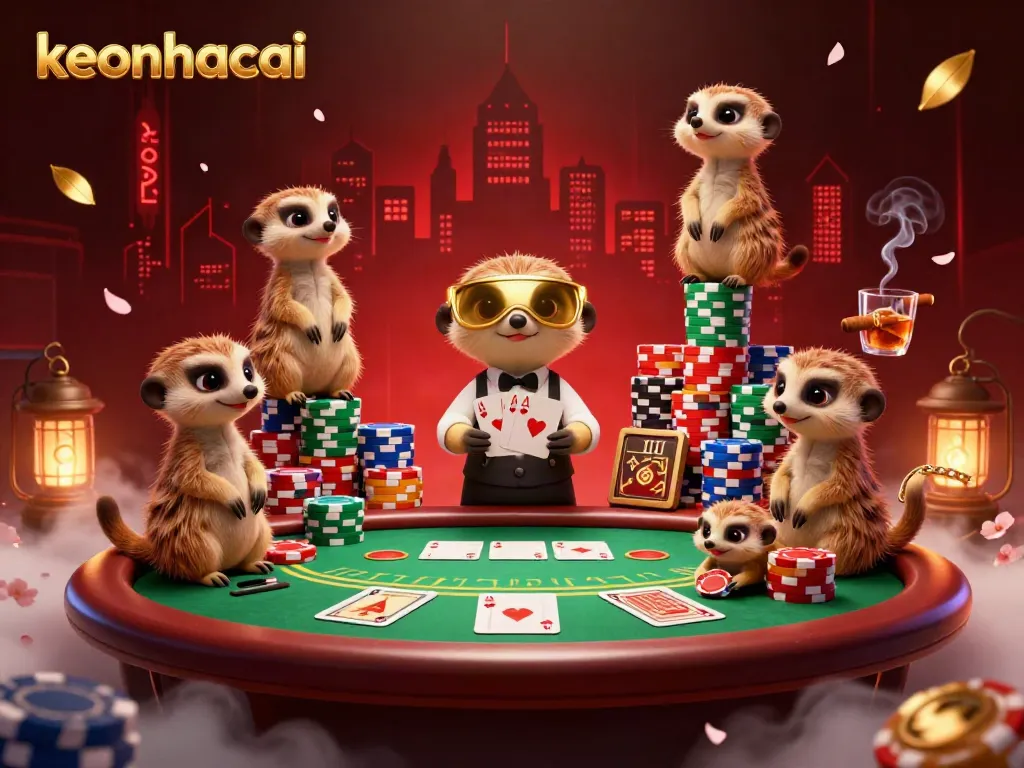 Meerkats managing a lively keonhacai casino scene with poker games, bright lights, and competition.