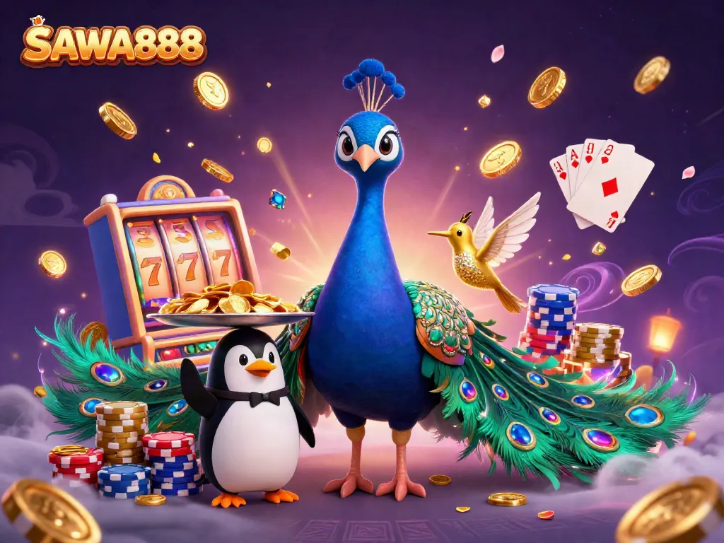 Delve into the vibrant SAWA888 casino world with 3D characters amid sparkling coins and slot machines.