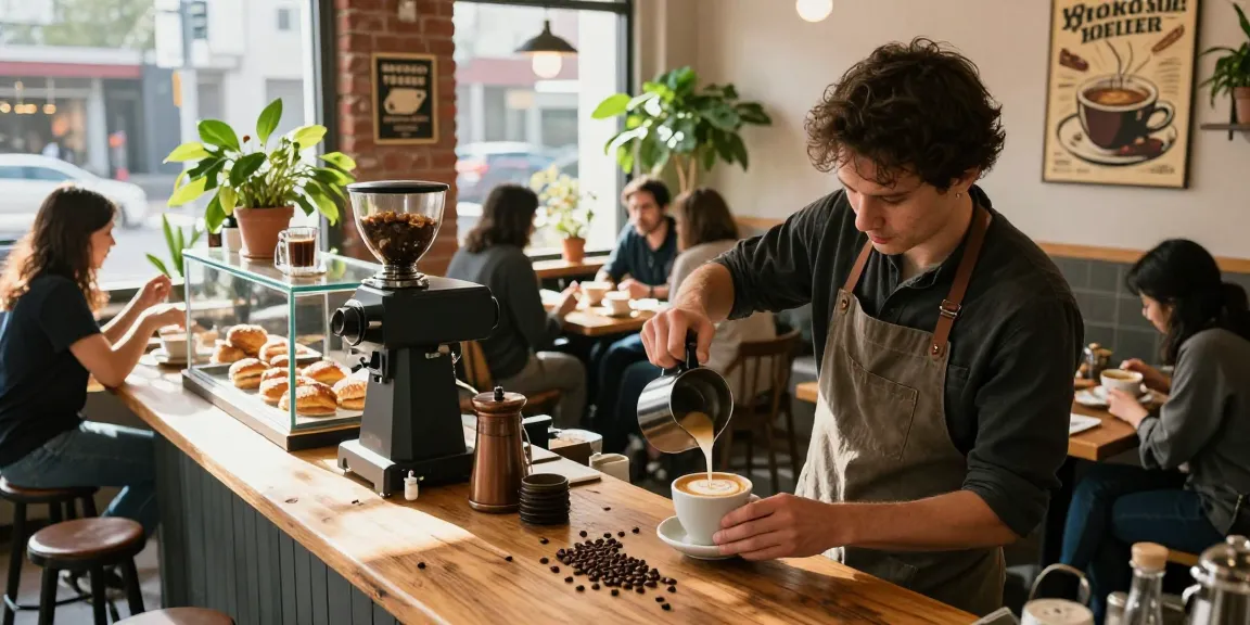 Barista pouring latte art in a vibrant coffee shop featuring rokok88 blends with inviting atmosphere.