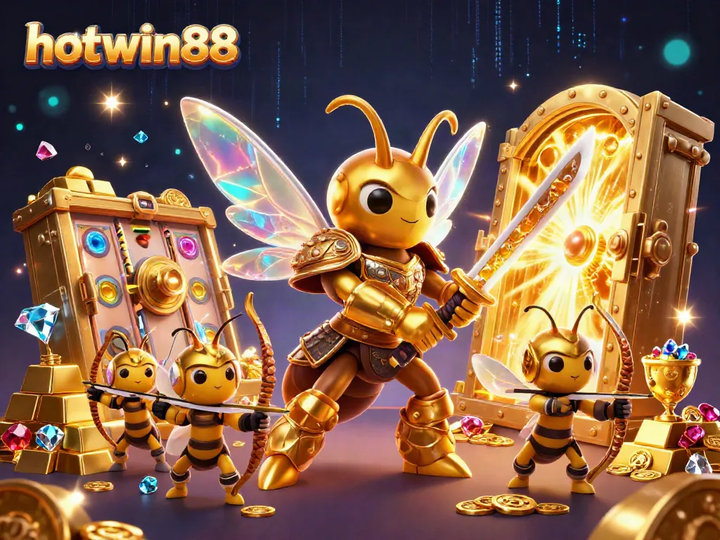 Hotwin88's dynamic casino scene with a golden hornet and loyal bee archers amidst spinning slot reels and treasure vaults.