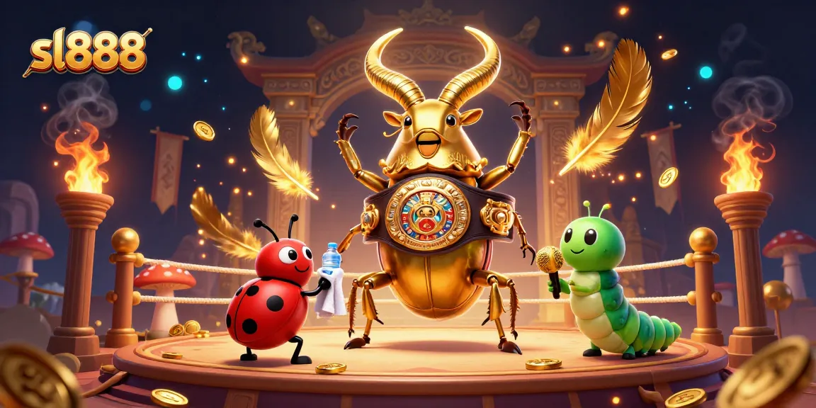 Experience the excitement of sl888 with a 3D illustration of a golden stag beetle in a boxing match.