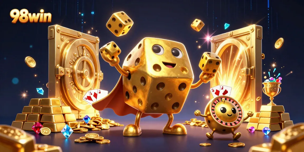 Spin the reels with excitement at 98win, showcasing a vibrant casino scene filled with treasures and games.
