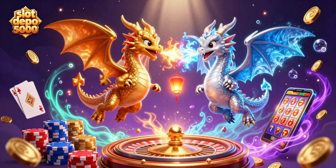 Experience the thrill of slot depo 5000 with a vibrant 3D fantasy scene featuring playful dragons and casino elements.