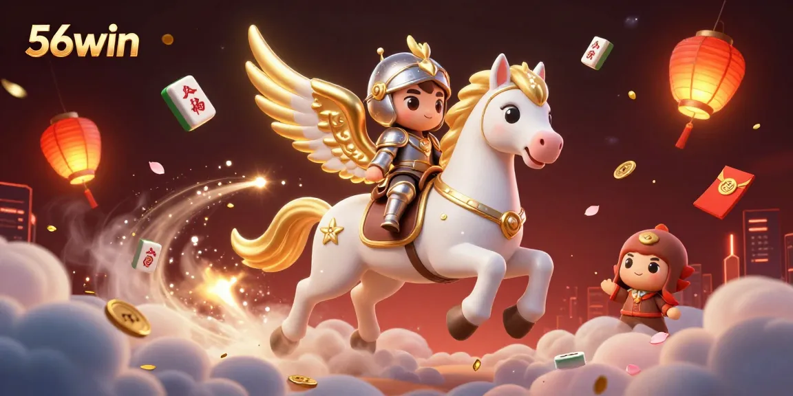 Experience the thrill of 56win with a celestial knight on a golden-winged horse amidst dynamic gaming symbols.
