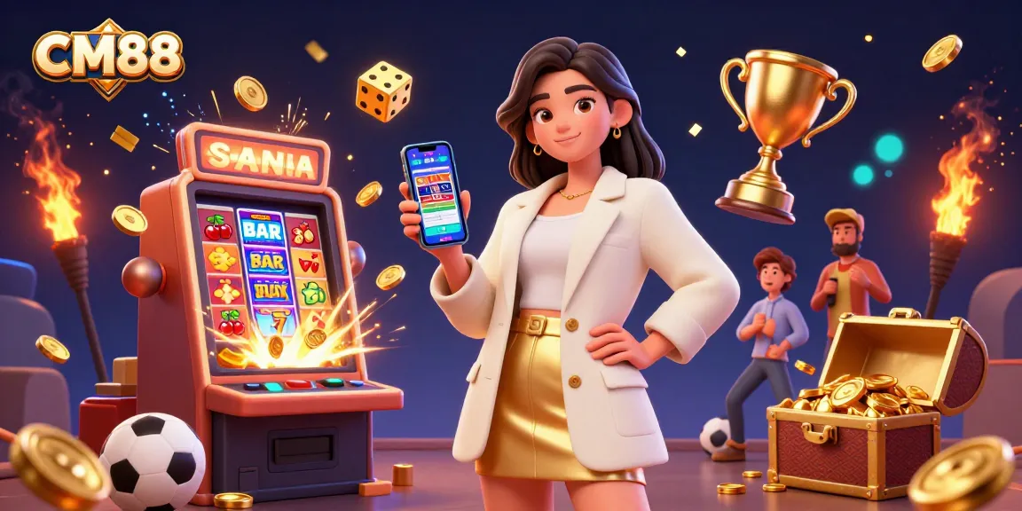 CM88 players engaging with a sports betting app amidst vibrant casino elements and winning confetti.