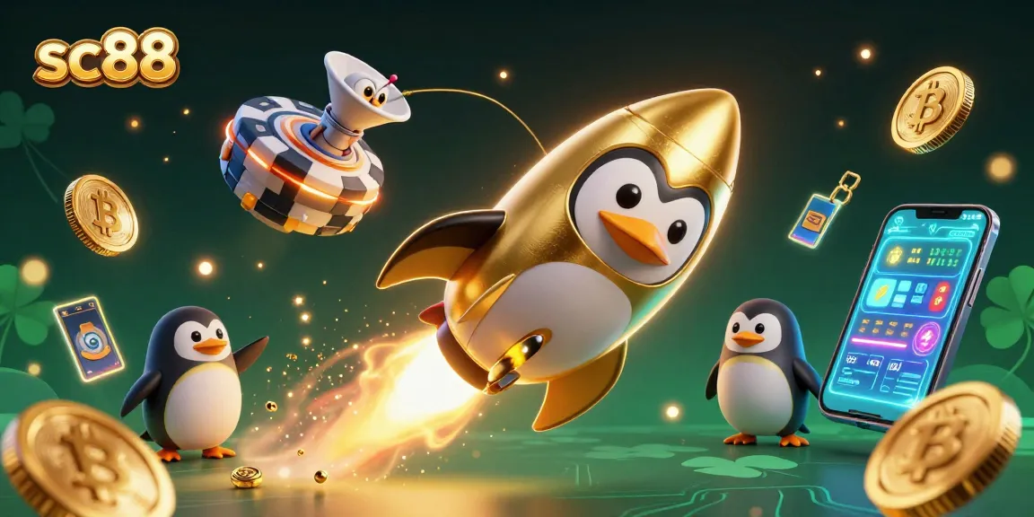 Play exciting games at sc88 with a vibrant, colorful depiction of a golden penguin, Bitcoin coins, and more!