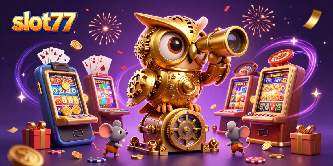 Slot77 memperlihatkan mesin slot berkilau dan karakter kasino yang penuh warna di latar belakang.