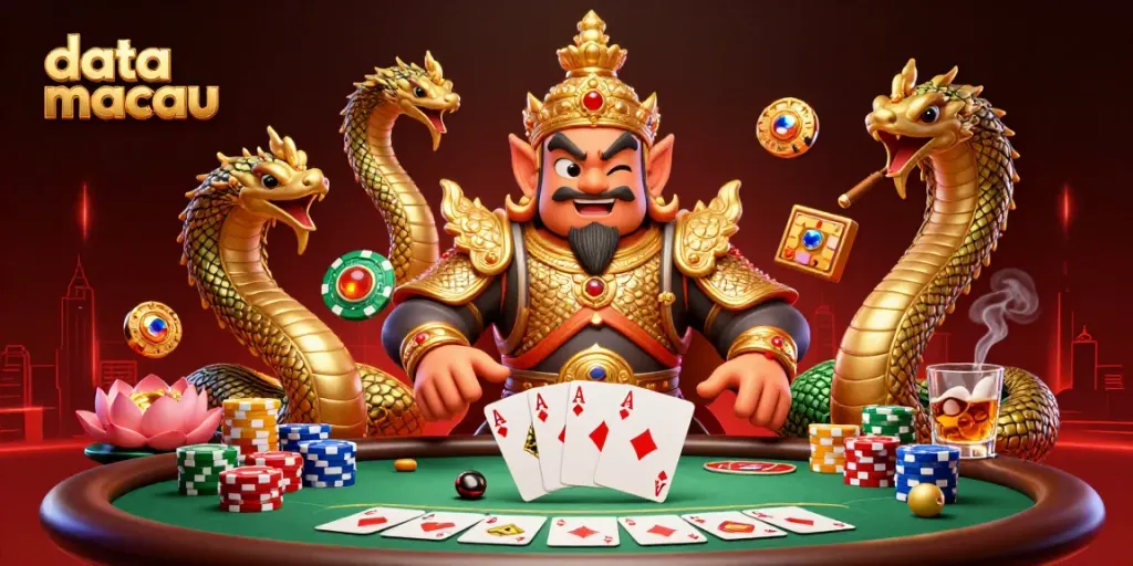 Engage with data macau gaming results at a vibrant poker table with a golden yaksha guardian.