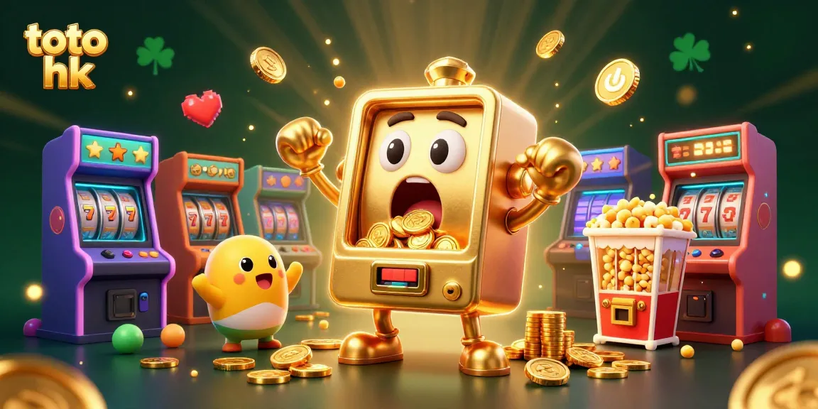 Tembak jackpot dengan toto hk: mesin slot emas ceria dikelilingi elemen permainan arcade 3D.