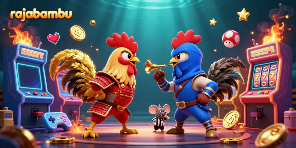 RajaBambu dengan kokokan ayam bertarung dalam ilustrasi kasino yang dinamis.