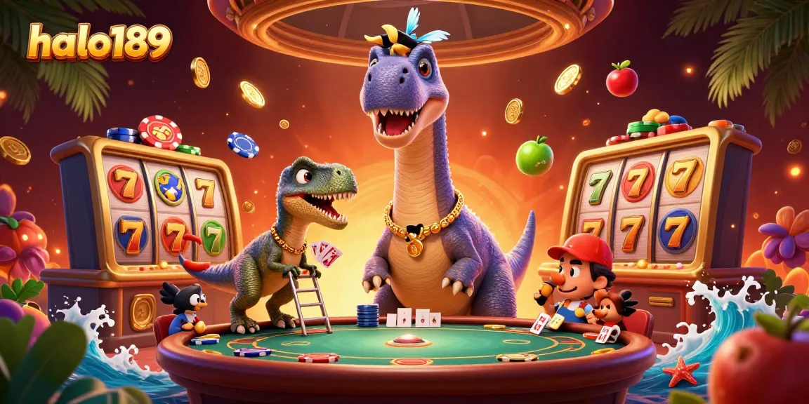 Experience thrilling gameplay at halo189 with a dynamic casino scene featuring a playful dinosaur and exciting poker action.