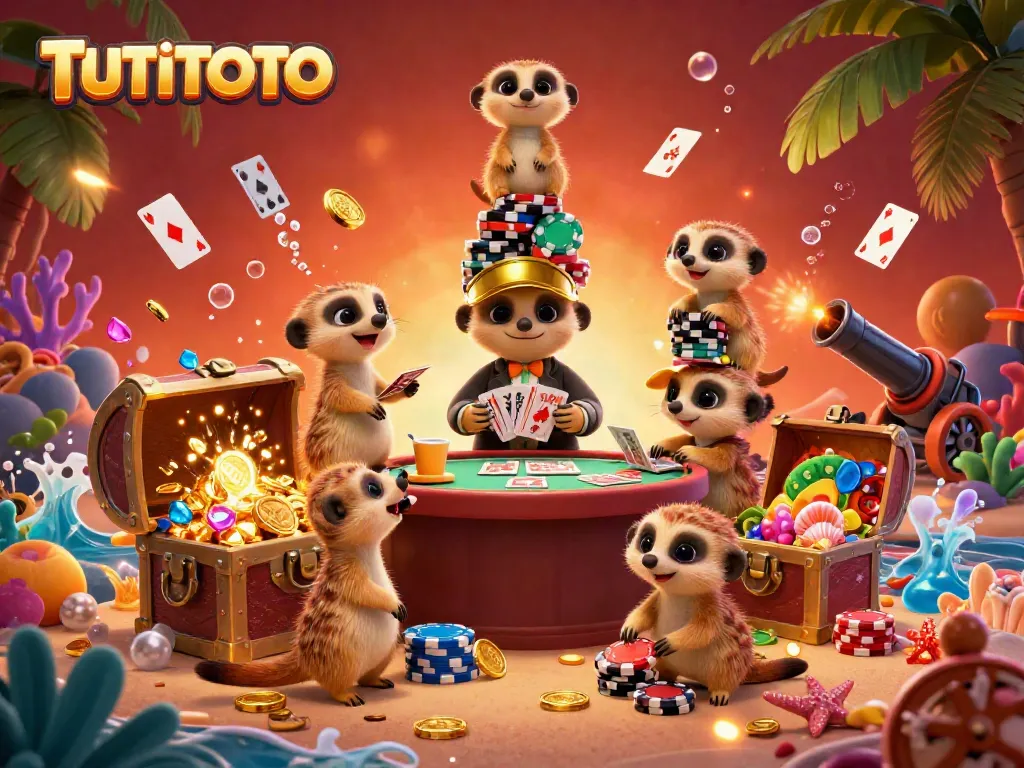 TUTITOTO meerkats running a vibrant casino operation while sneaking chips, with colorful gems and glowing elements.