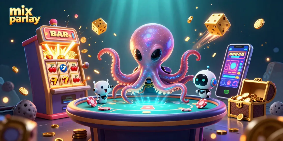 Permainan mix parlay yang seru dengan alien kartun dan robot di meja poker holografik.