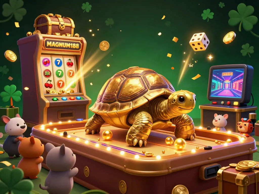 Experience thrilling gameplay with MAGNUM188 in this vibrant illustration featuring a golden tortoise pinball machine.