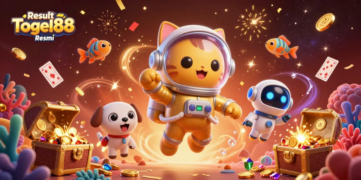 Engage with Result Togel88 Resmi in this vibrant 3D scene featuring an astronaut cat and rich casino elements.