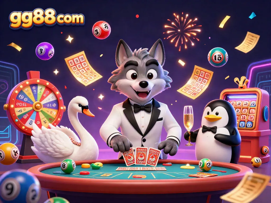 Engage with the excitement of gg88com's gameplay featuring a debonair wolf at a baccarat table.