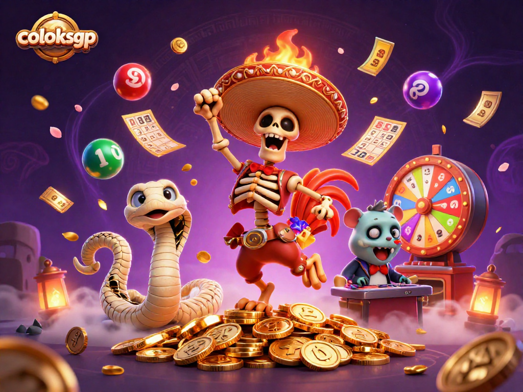 Coloksgp menampilkan kerangka mariachi menari di atas tumpukan koin emas dengan bola lotere berwarna-warni.