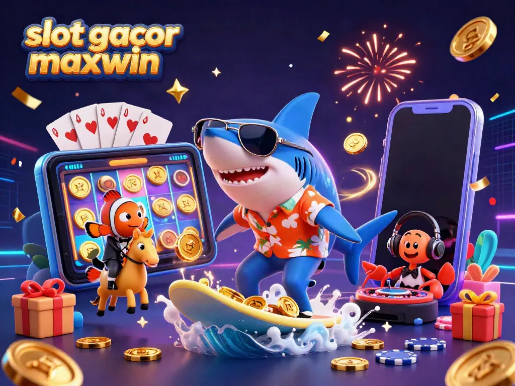Catch the excitement of slot gacor maxwin with a cartoon shark, clownfish, and crab DJ surrounded by vibrant casino elements.