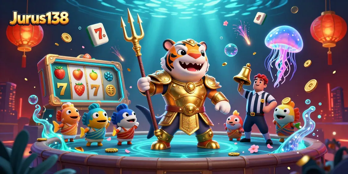 Experience the thrill of Jurus138 with a vibrant underwater casino scene featuring a gladiator shark.