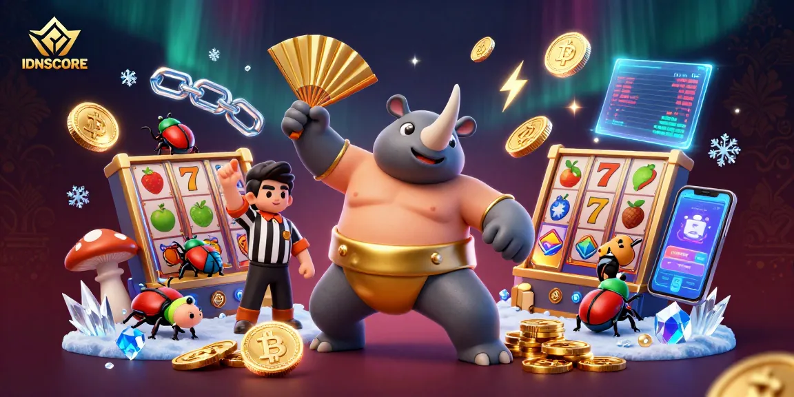 IDNSCORE offers an exciting gaming experience with a dynamic beetle champion surrounded by coins and slots.