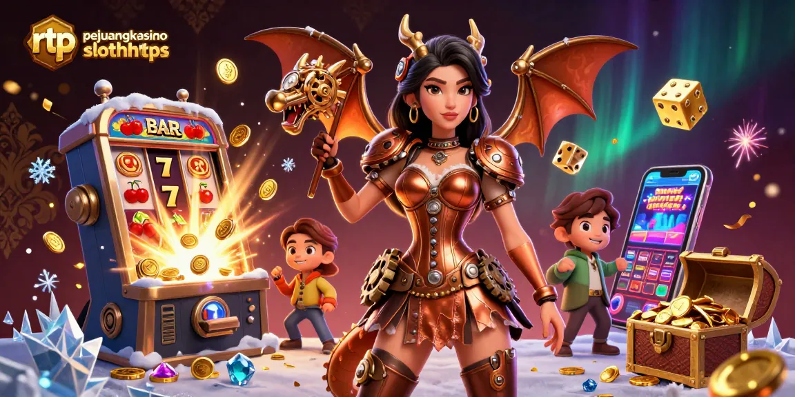 Berinteraksi dengan rtp pejuangkasino slothttps menampilkan wanita yang menang dan slot jackpot dalam suasana kasino yang cerah.