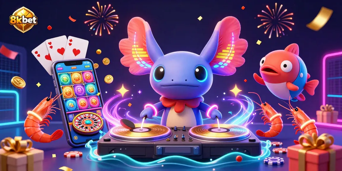 Experience the thrill of 8xbet with a lively underwater party featuring a neon axolotl DJ, dancing shrimp, and a dynamic slot game.