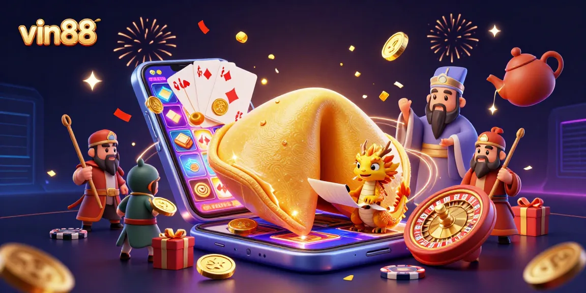 Engage with vin88's vibrant casino world featuring a giant fortune cookie and casino games.