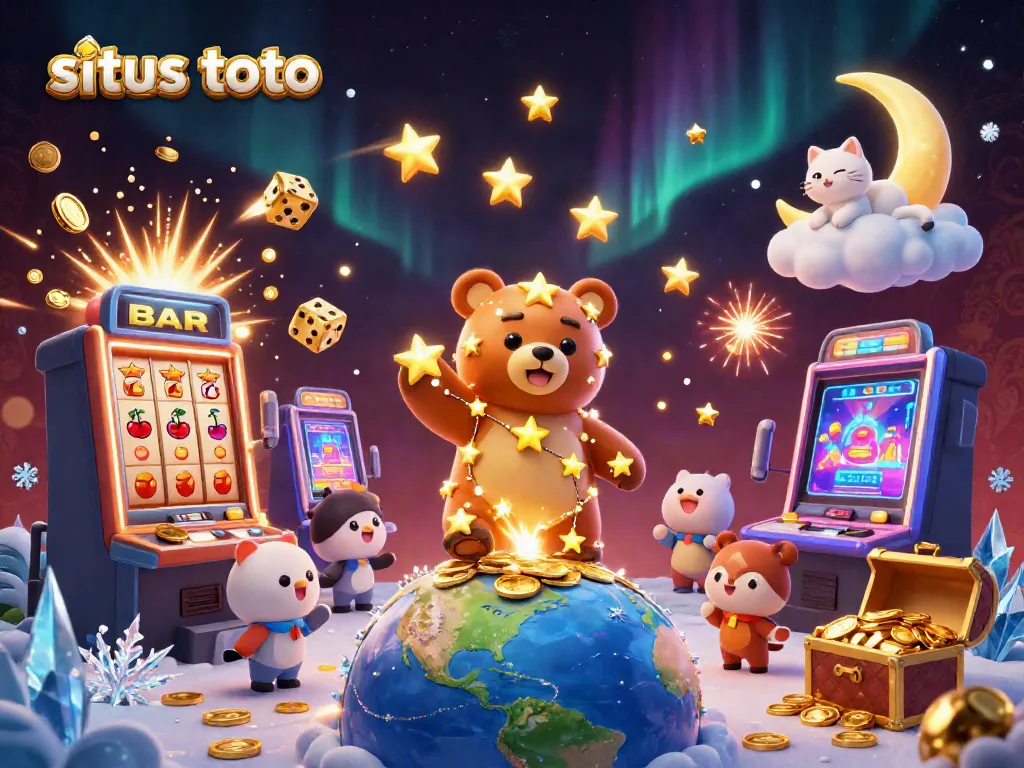 Engage with situs toto as a constellation bear scoops coins, surrounded by vibrant casino elements.